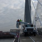 Highway bridge inspection, Under bridge maintenance, Railroad Snooper inspection truck.