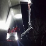 Highway bridge inspection, Under bridge maintenance, Railroad Snooper inspection truck.