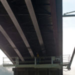 Highway bridge inspection, Under bridge maintenance, Railroad Snooper inspection truck.