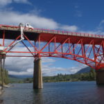 Highway bridge inspection, Under bridge maintenance, Railroad Snooper inspection truck.